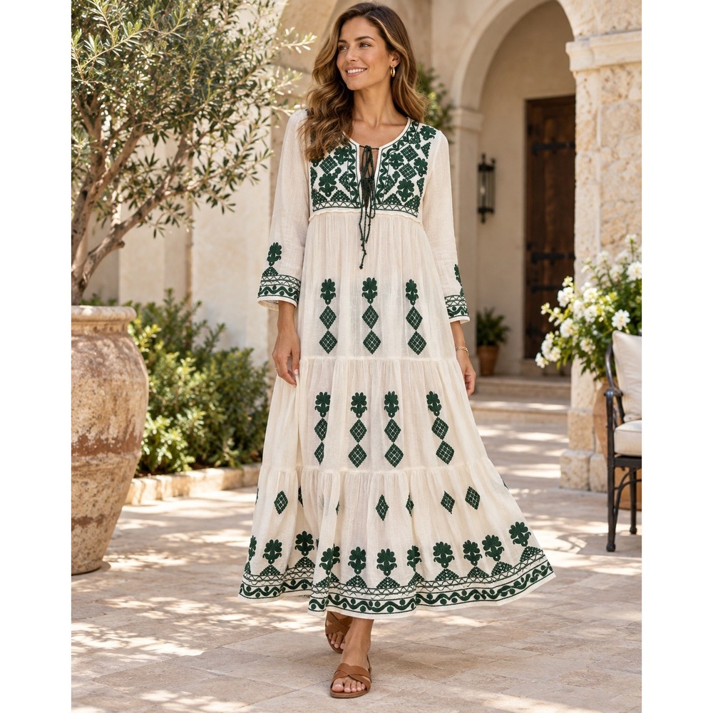 Guadalupe Dress Womens M White Green Embroidered Cotton Boho Tiered Midi Peasant